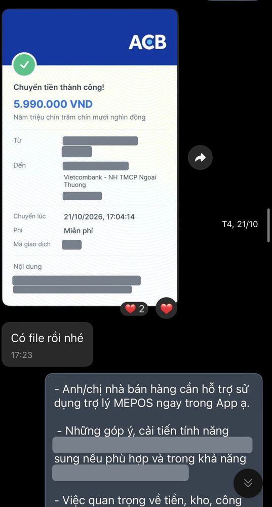 Ảnh chuyển khoản mua MePOS