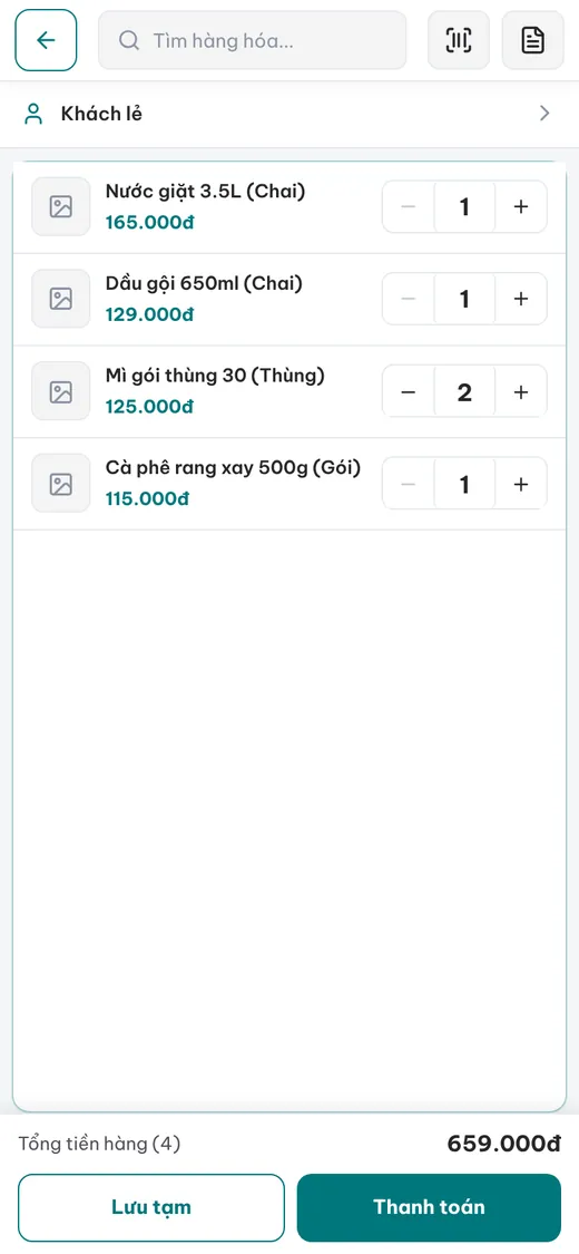 Màn bán hàng MePOS trên điện thoại