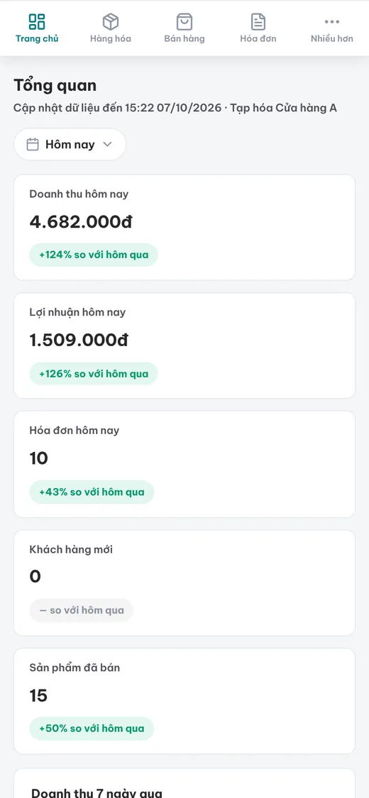 Trang Tổng quan MePOS trên điện thoại